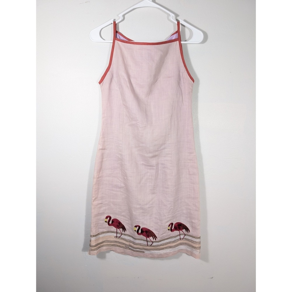 Daisy L‎ Pink Linen Flamingo Sheath Dress Size 4 Embroidered Pink Flamingo